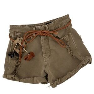 Animale Distressed High Rise Denim Shorts Leather Charm Belt Size 34‎ US 0